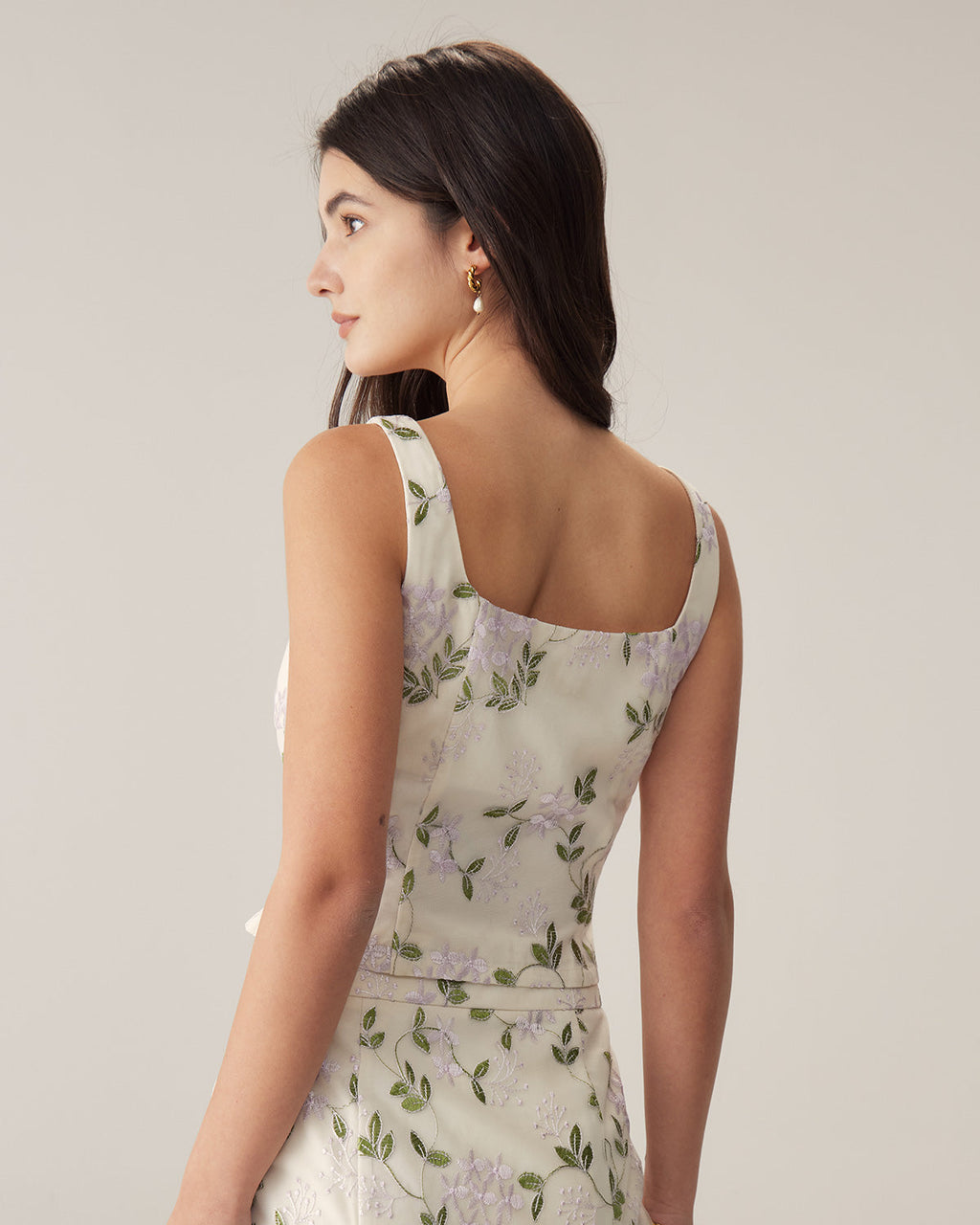 Floral Print Slim Fit Beige Tank Top