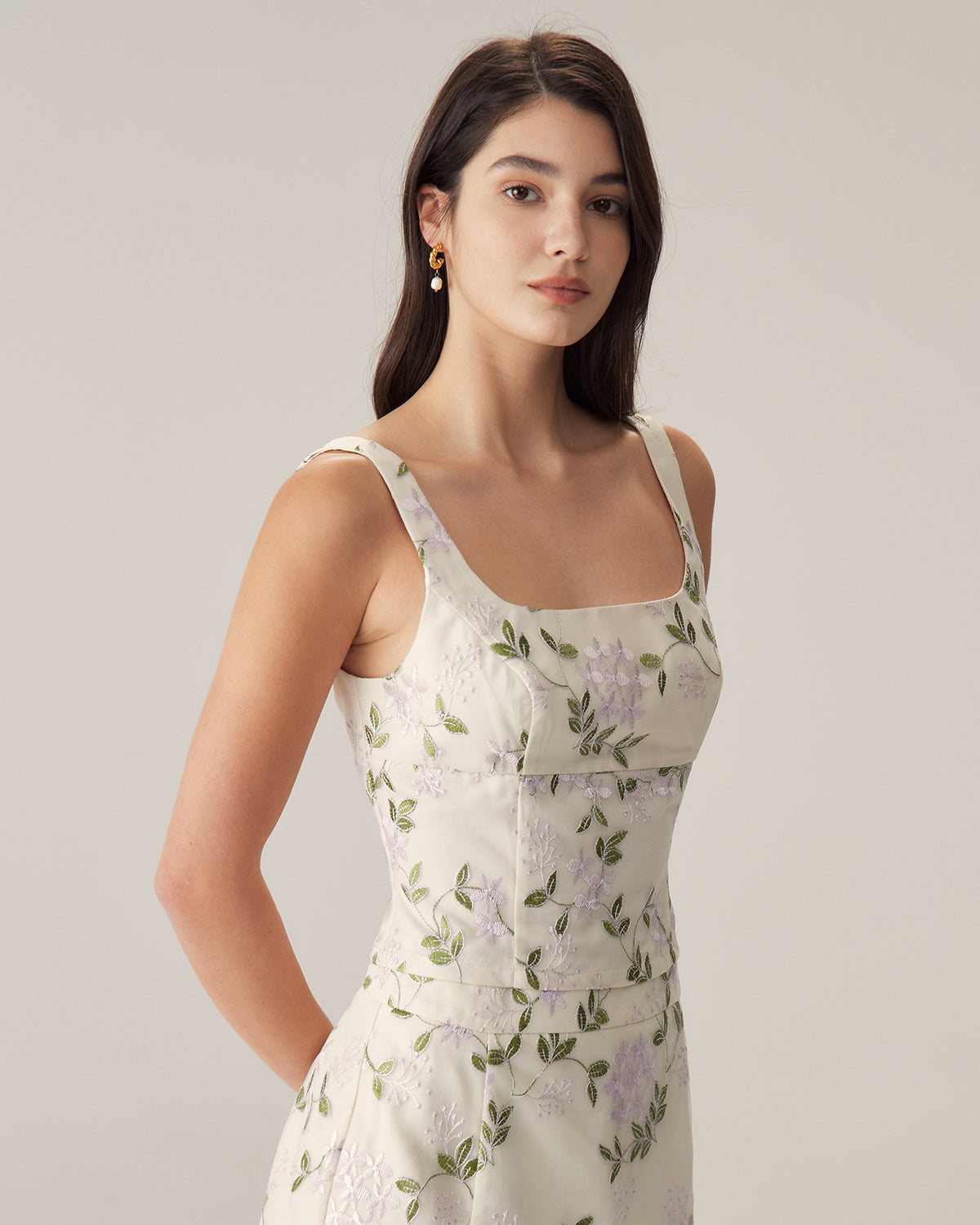 Floral Print Slim Fit Beige Tank Top