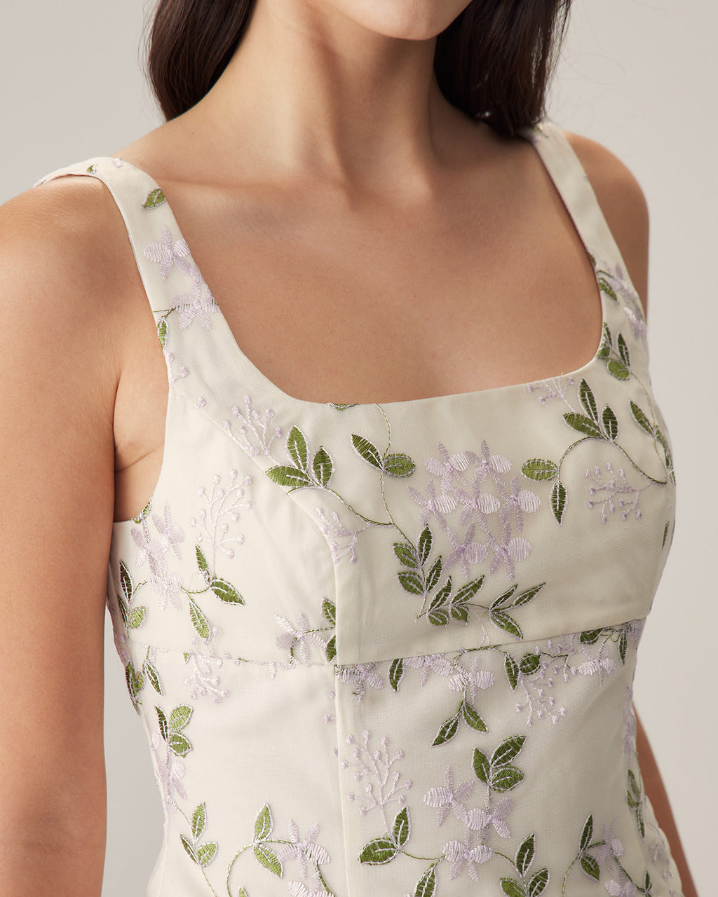 Floral Print Slim Fit Beige Tank Top