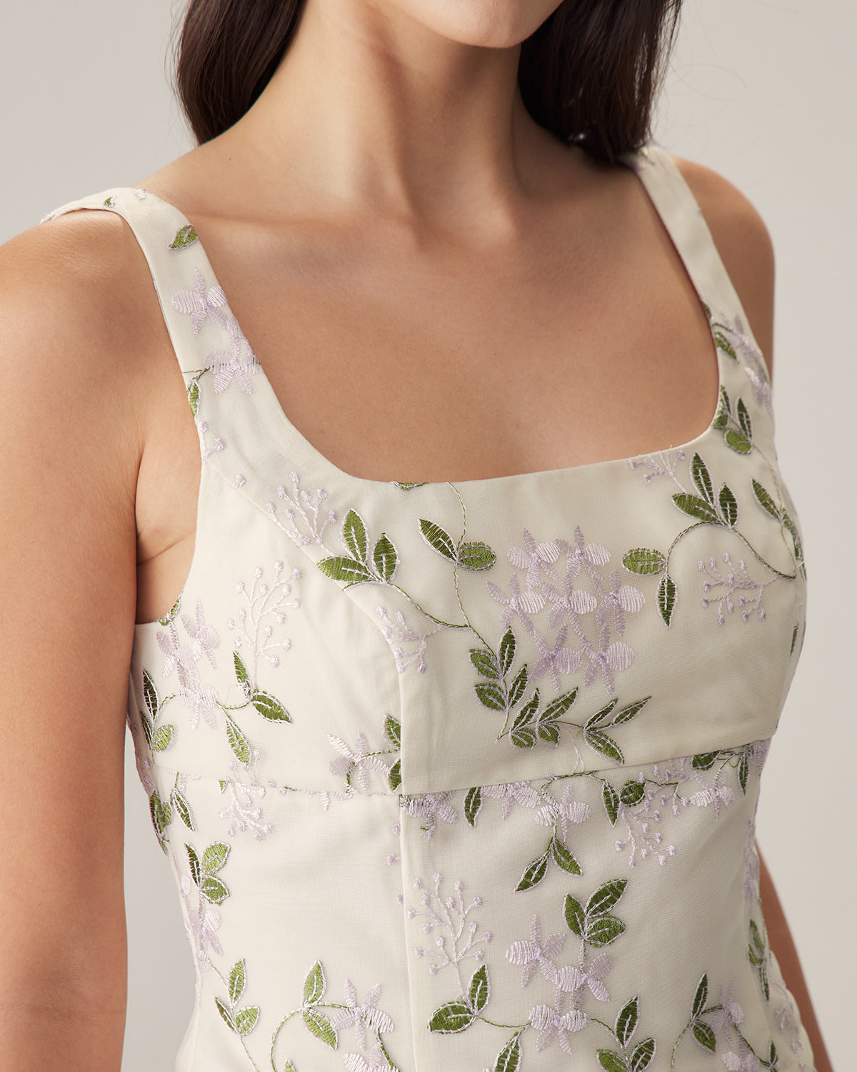 Floral Print Slim Fit Beige Tank Top