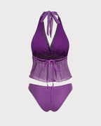 Purple Tie-Waist Tankini Set with Elastic Waist