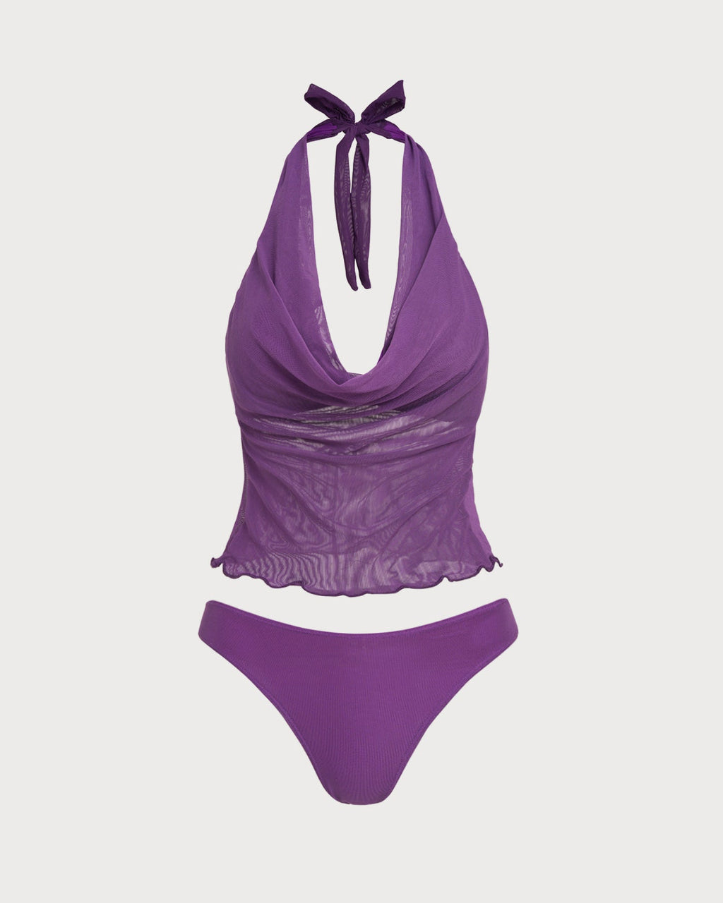 Purple Tie-Waist Tankini Set with Elastic Waist