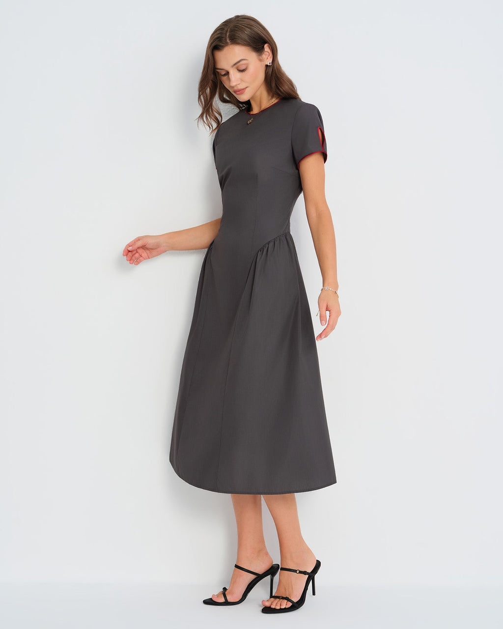 Grey Midi Dress with Round Neck