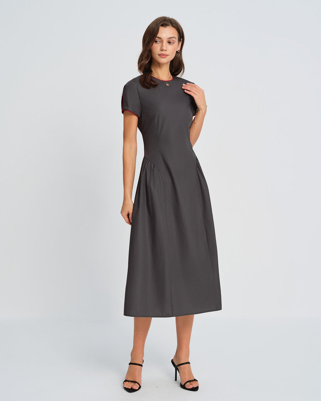 Grey Midi Dress with Round Neck