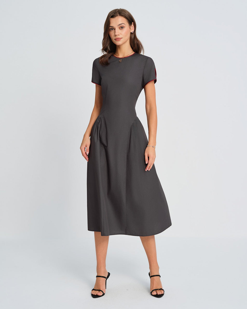 Grey Midi Dress with Round Neck