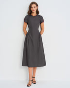 Grey Midi Dress with Round Neck