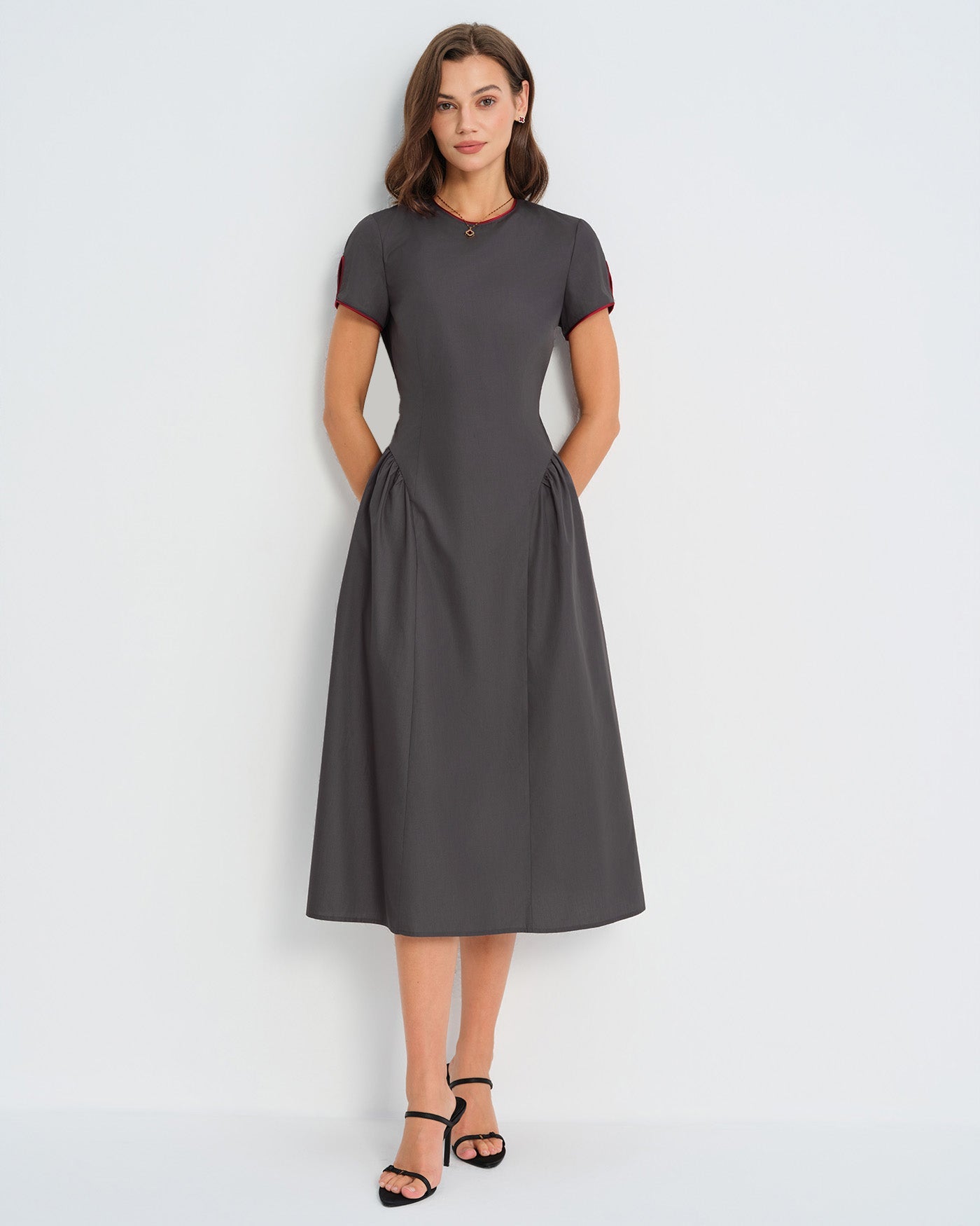 Grey Midi Dress with Round Neck