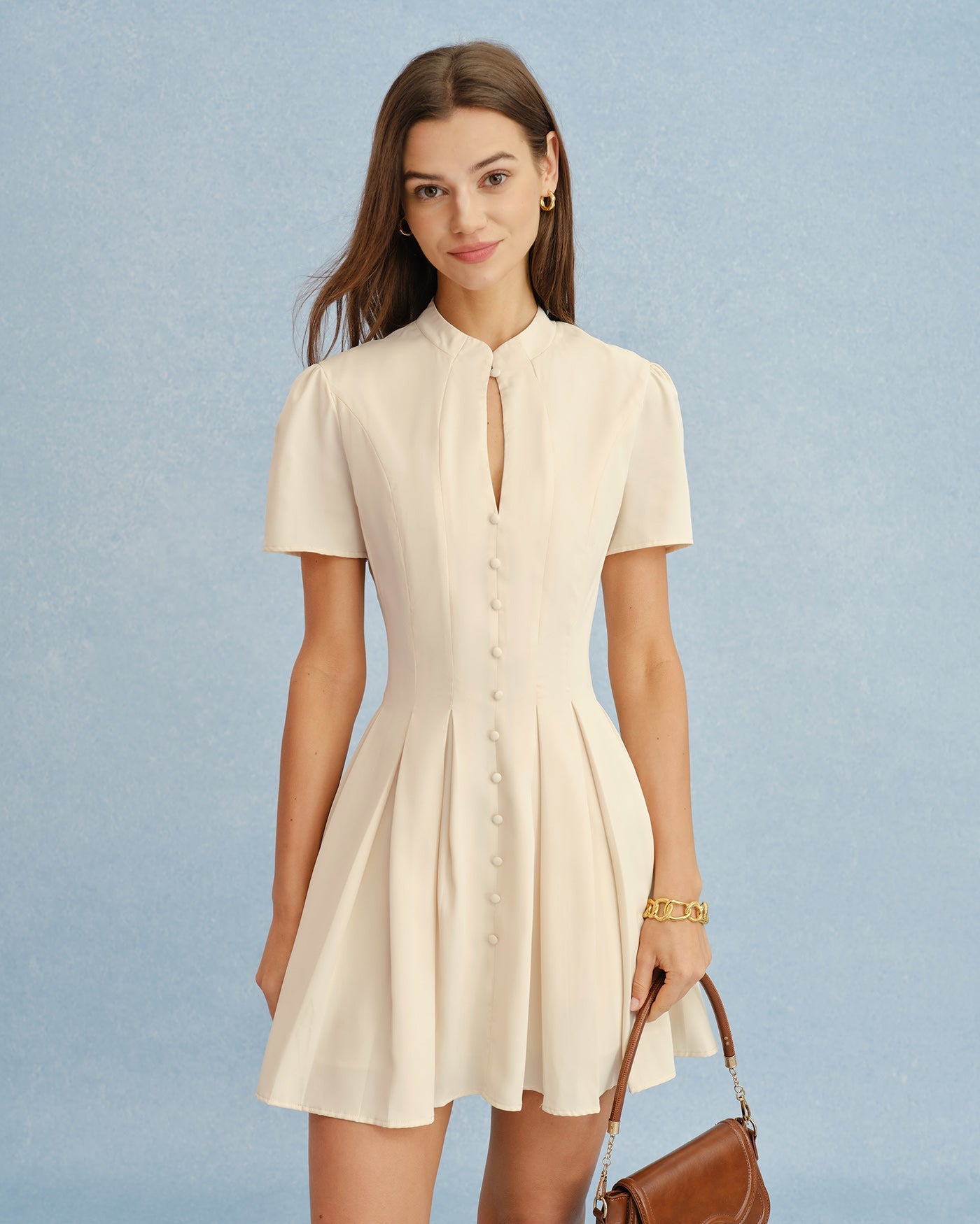 Apricot Mandarin Collar Cut-Out Mini Dress