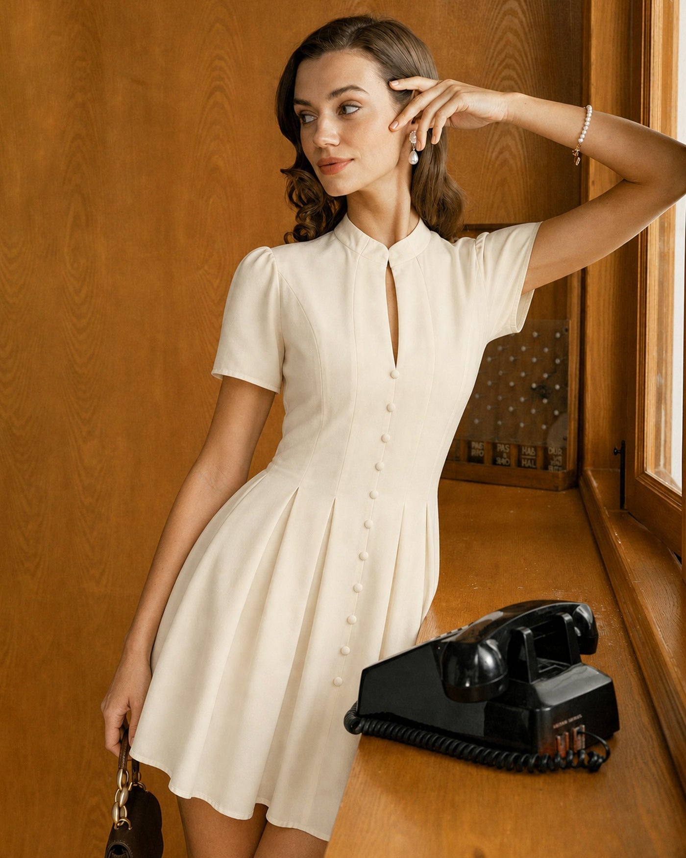 Apricot Mandarin Collar Cut-Out Mini Dress