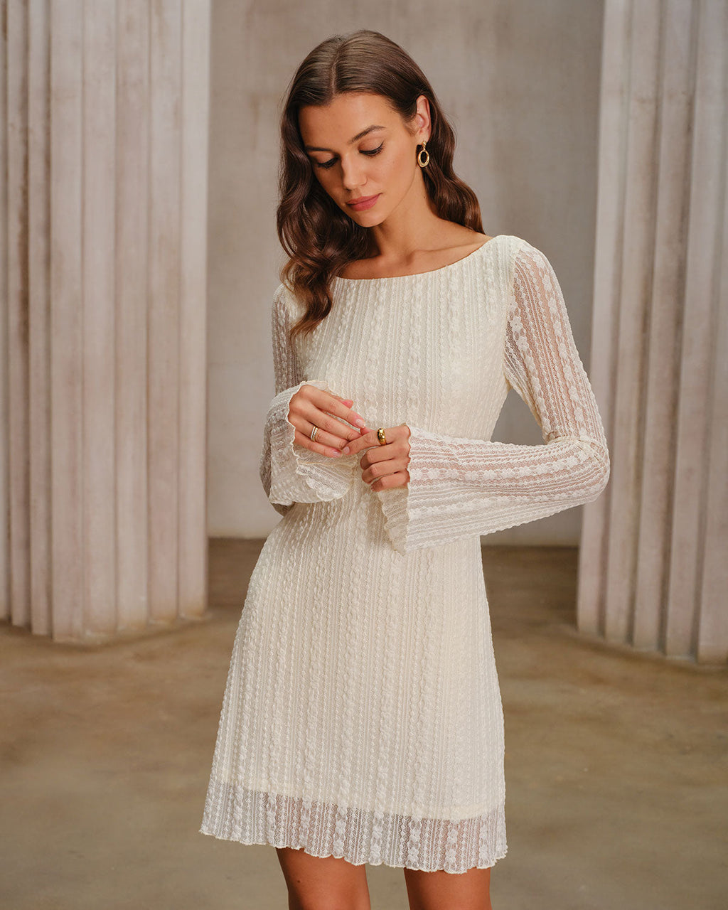 Mini Dress with Apricot Lace and Bell Sleeves