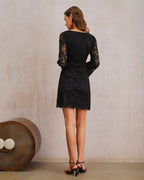 Black Lace A-Line Mini Dress with Bell Sleeves