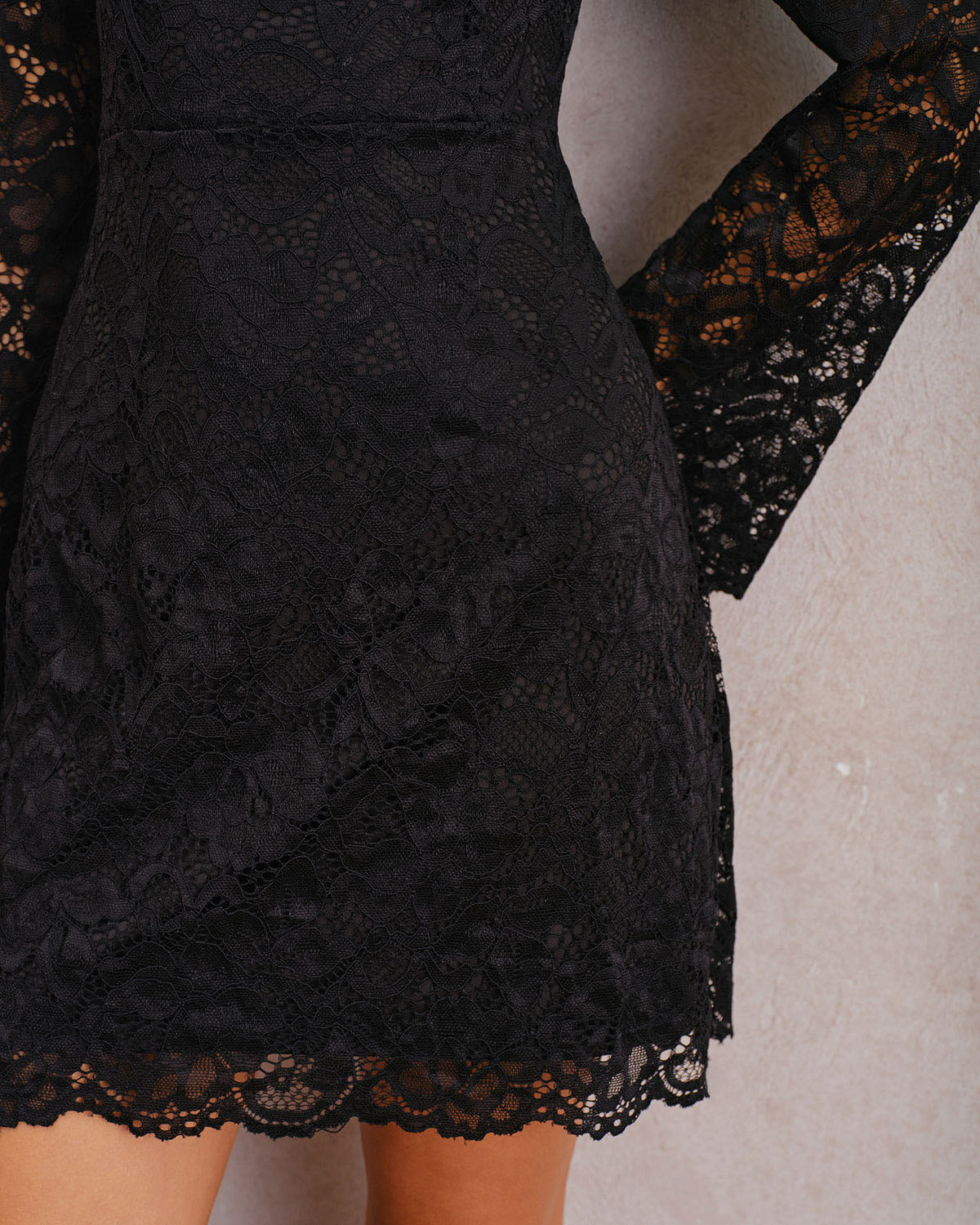Black Lace A-Line Mini Dress with Bell Sleeves