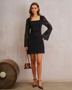 Black Lace A-Line Mini Dress with Bell Sleeves