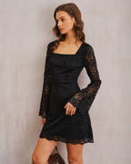 Black Lace A-Line Mini Dress with Bell Sleeves
