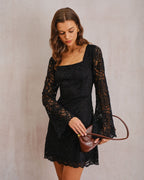 Black Lace A-Line Mini Dress with Bell Sleeves