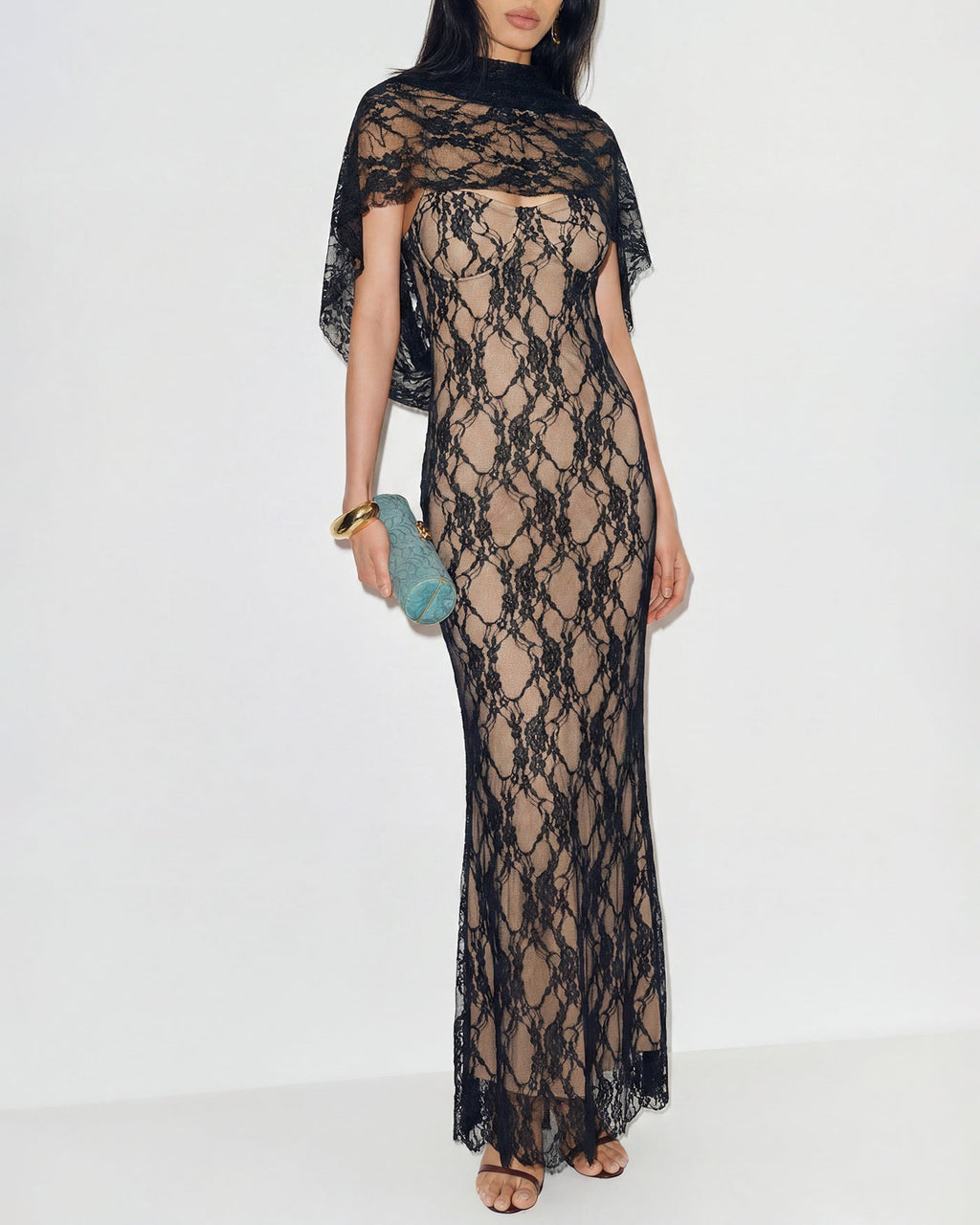 Maxi Dress with Black Lace Accents