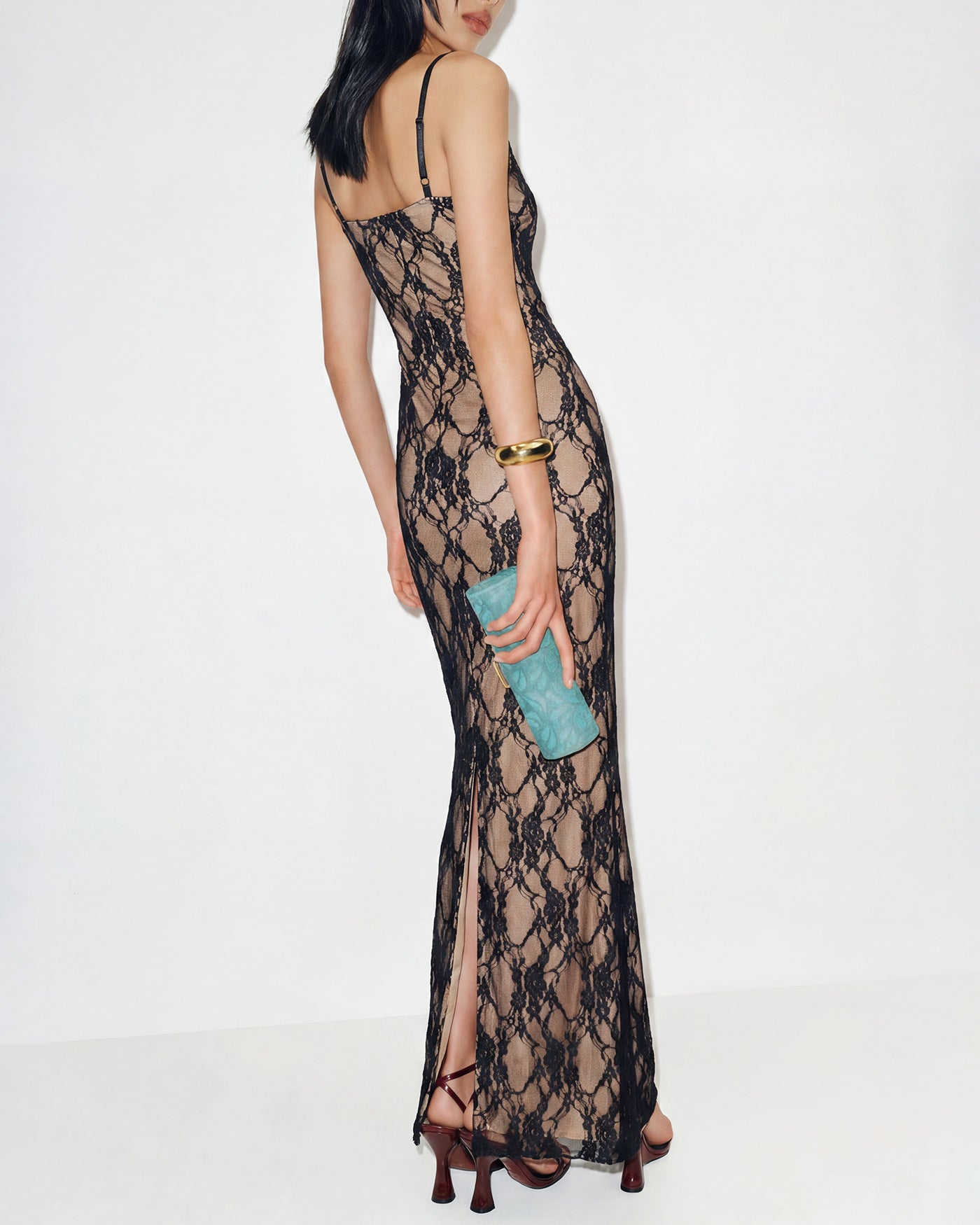 Maxi Dress with Black Lace Accents