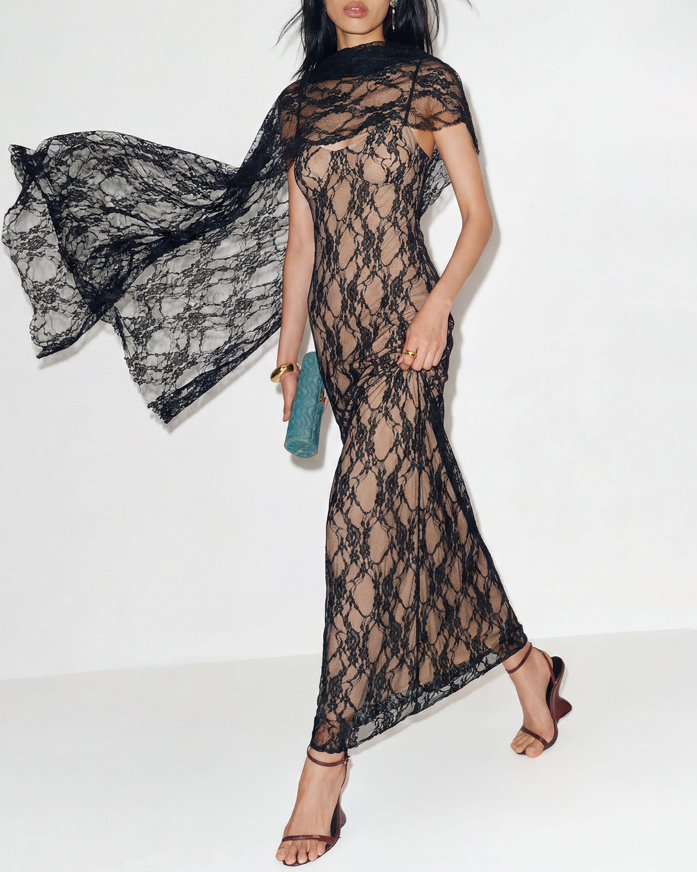 Maxi Dress with Black Lace Accents