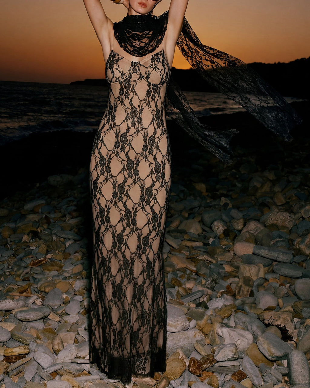 Maxi Dress with Black Lace Accents