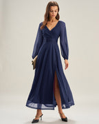 Blue A-Line Maxi Dress with V-Neck