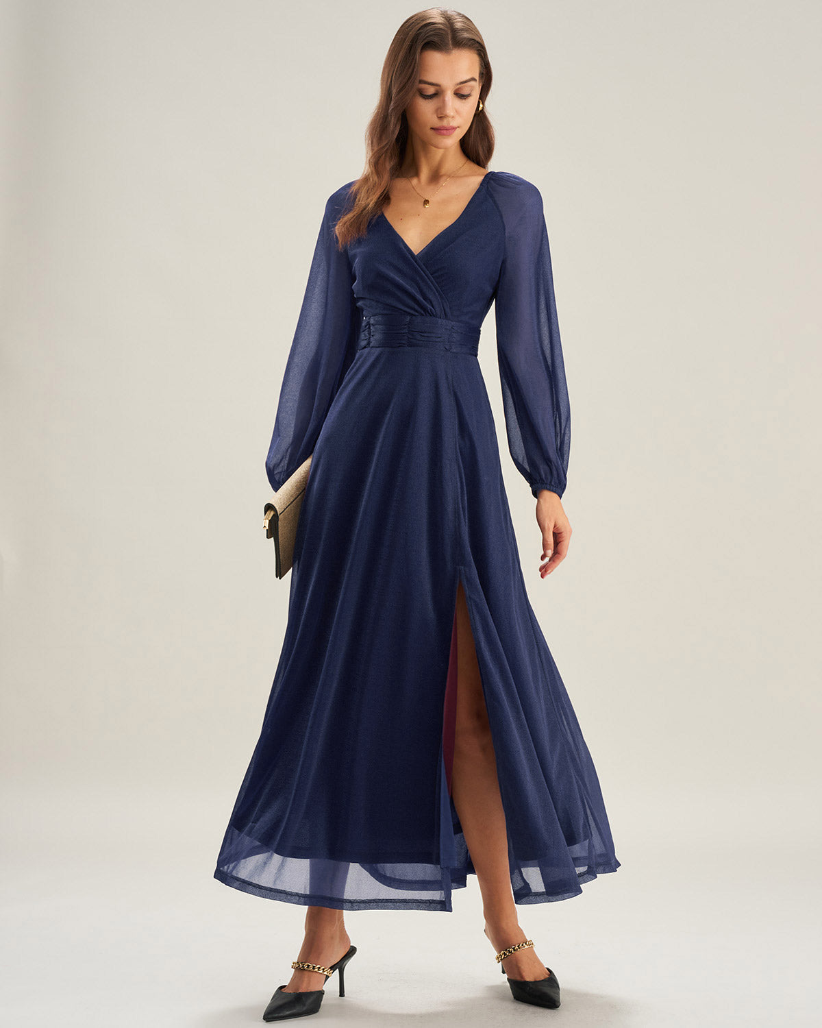 Blue A-Line Maxi Dress with V-Neck