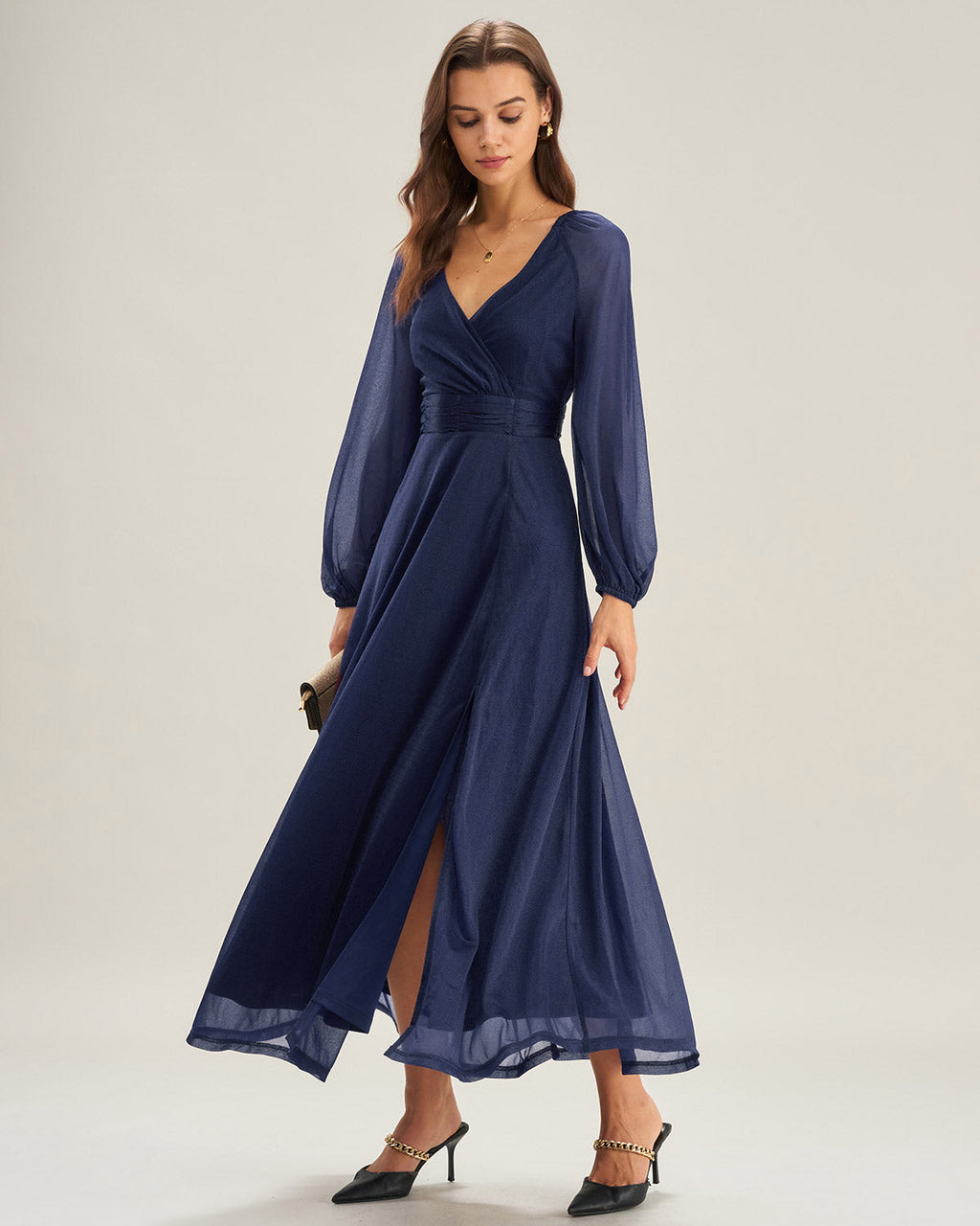 Blue A-Line Maxi Dress with V-Neck