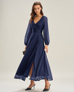 Blue A-Line Maxi Dress with V-Neck