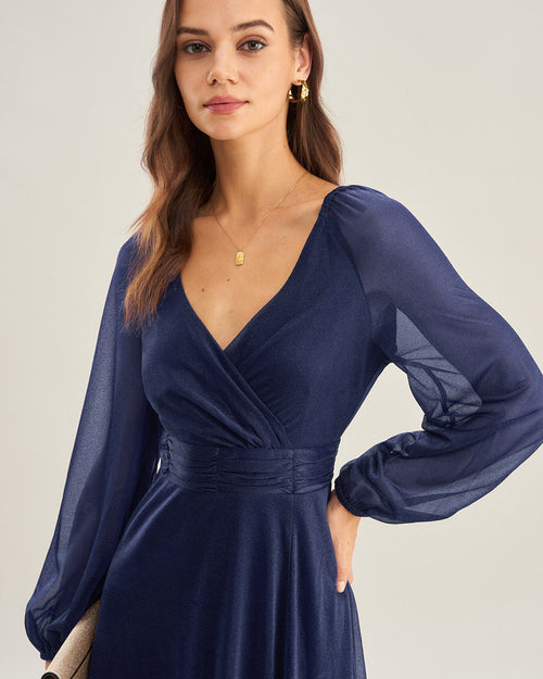 Blue A-Line Maxi Dress with V-Neck
