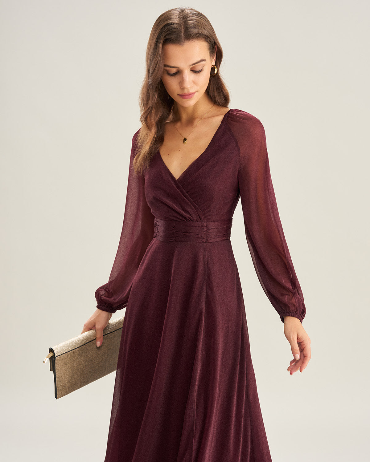 Purple A-Line Maxi Dress with Sheer V-Neck Design