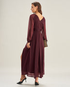 Purple A-Line Maxi Dress with Sheer V-Neck Design