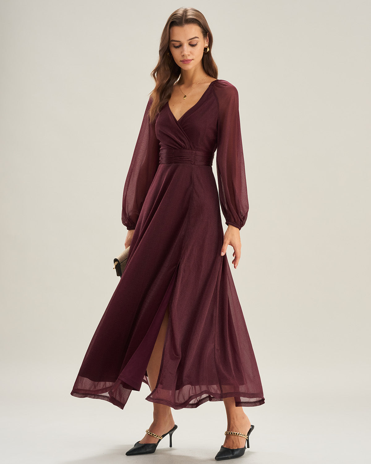 Purple A-Line Maxi Dress with Sheer V-Neck Design