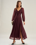 Purple A-Line Maxi Dress with Sheer V-Neck Design