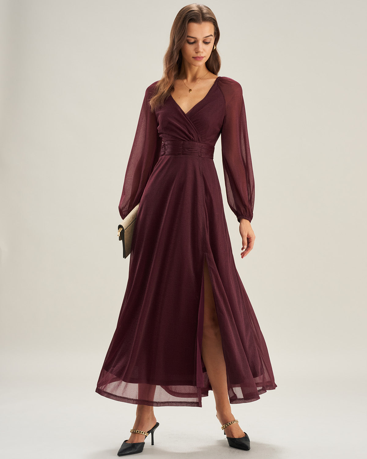 Purple A-Line Maxi Dress with Sheer V-Neck Design