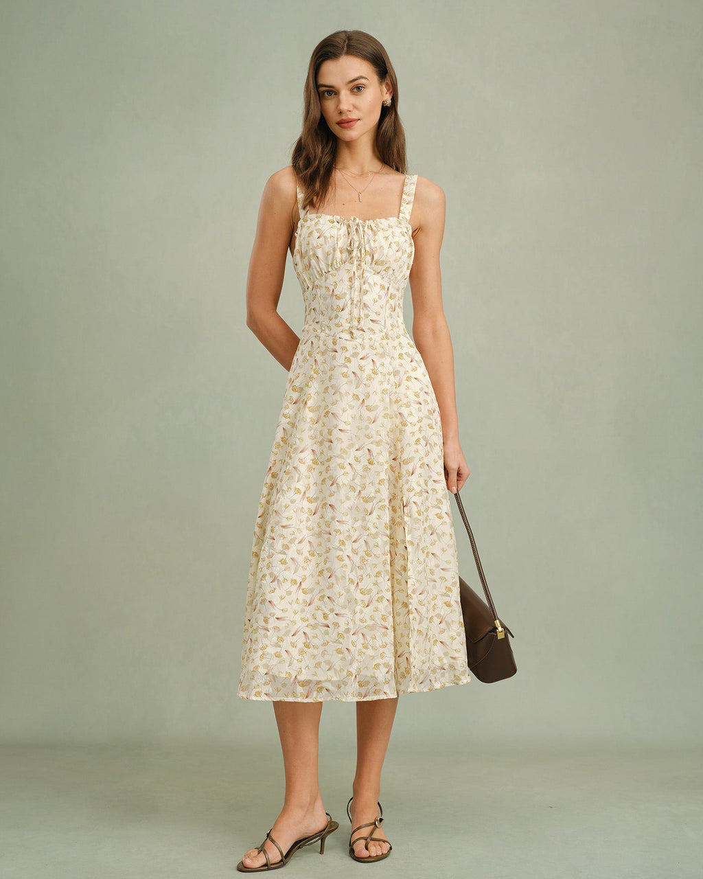 Apricot Floral Print Midi Dress with Zipper