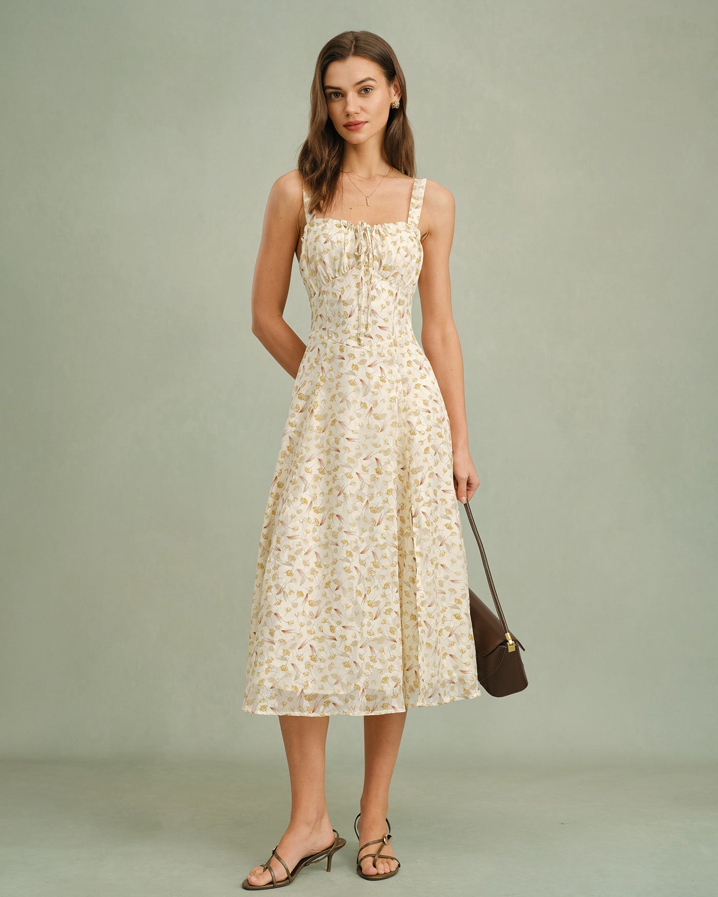 Apricot Floral Print Midi Dress with Zipper
