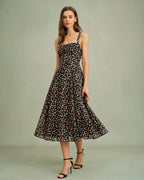 Floral Print Black Midi Dress with Zipper Detail