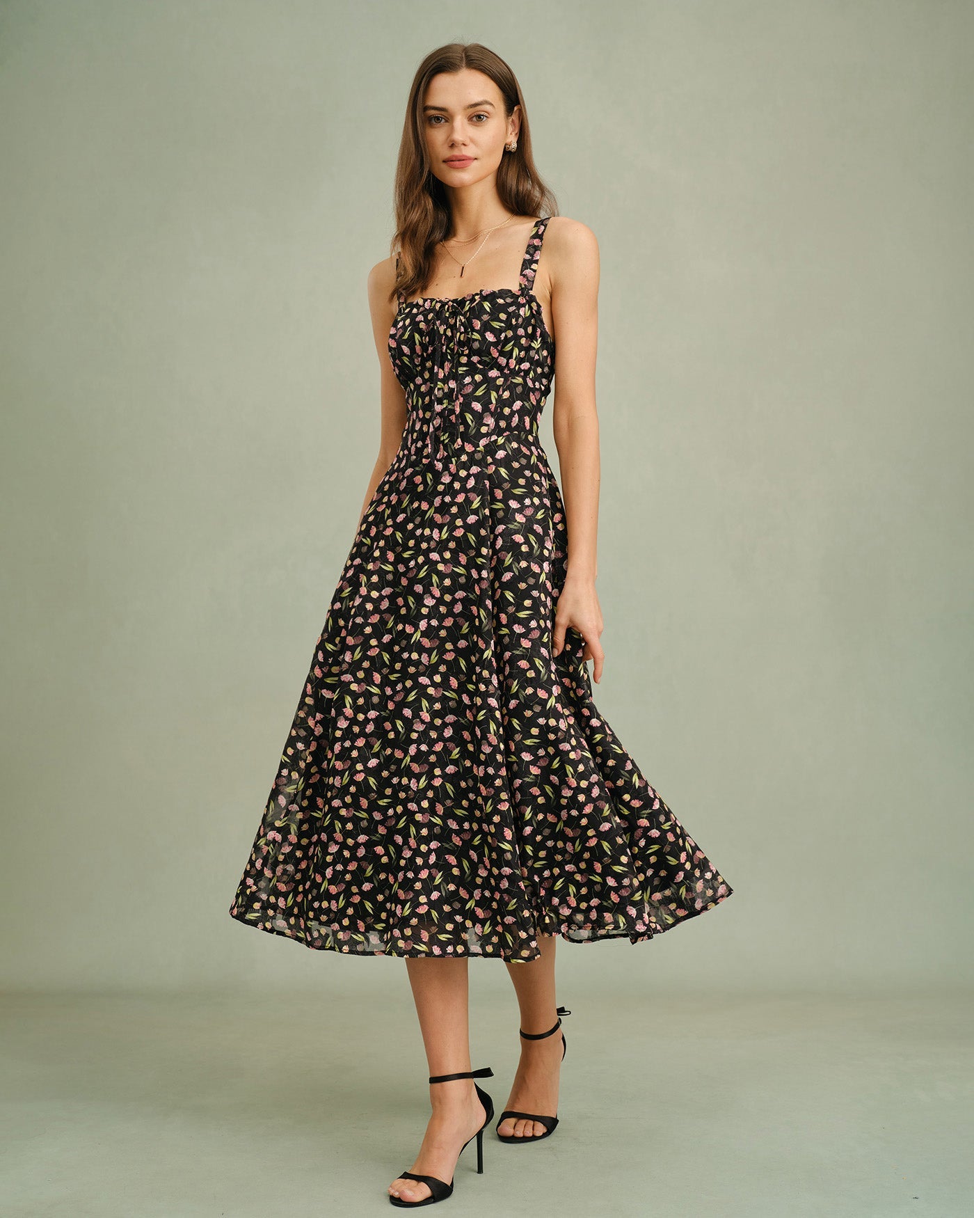 Floral Print Black Midi Dress with Zipper Detail