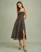 Floral Print Black Midi Dress with Zipper Detail
