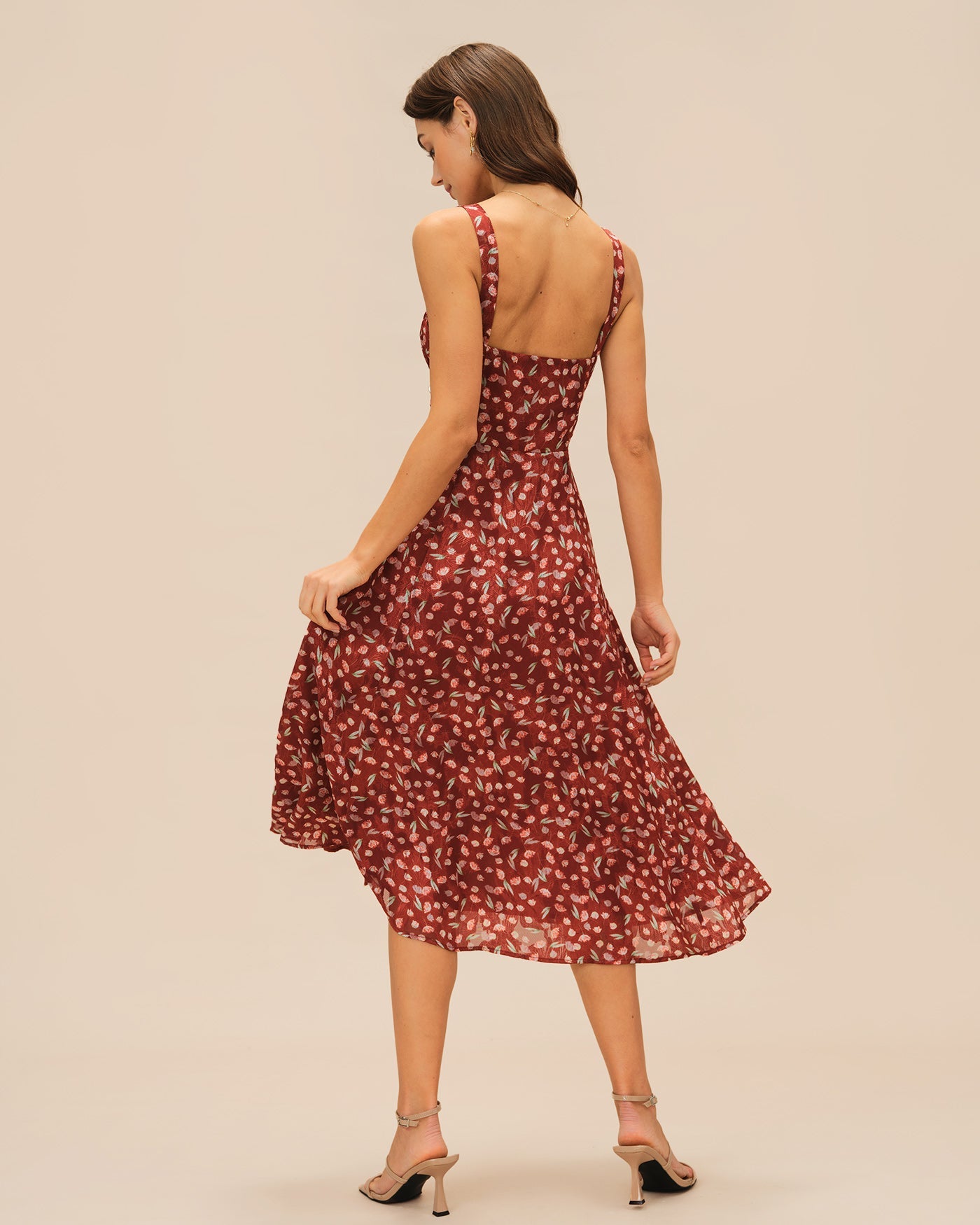 Wine Red Floral Midi Dress with Slip Design
