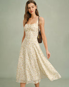 Apricot Floral Print Midi Dress with Zipper