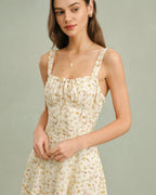 Apricot Floral Print Midi Dress with Zipper