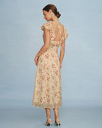 Floral Midi Dress with Yellow Butterfly Sleeves and Tie Detail