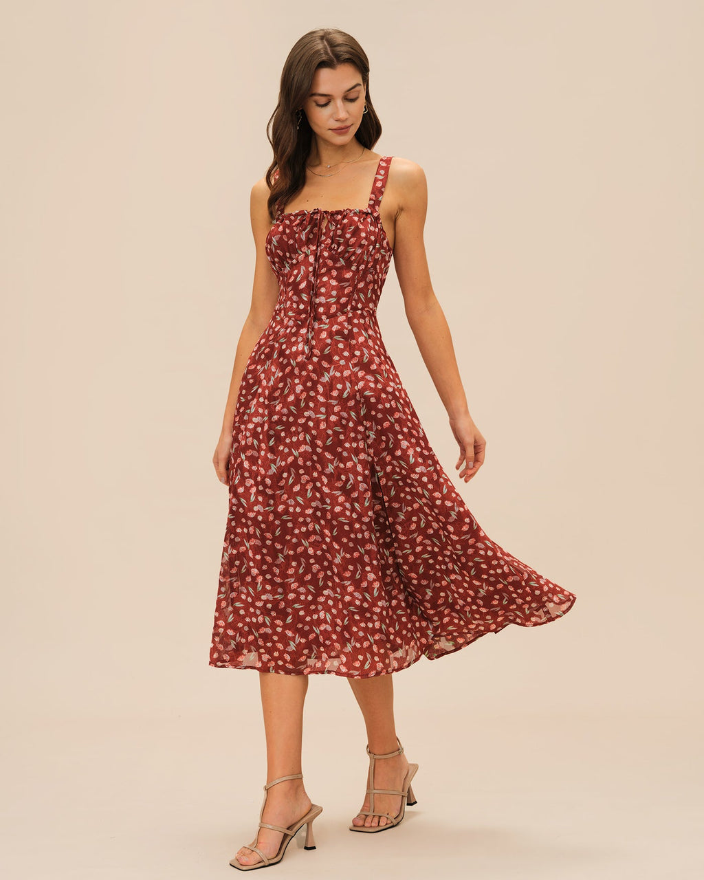 Wine Red Floral Midi Dress with Slip Design