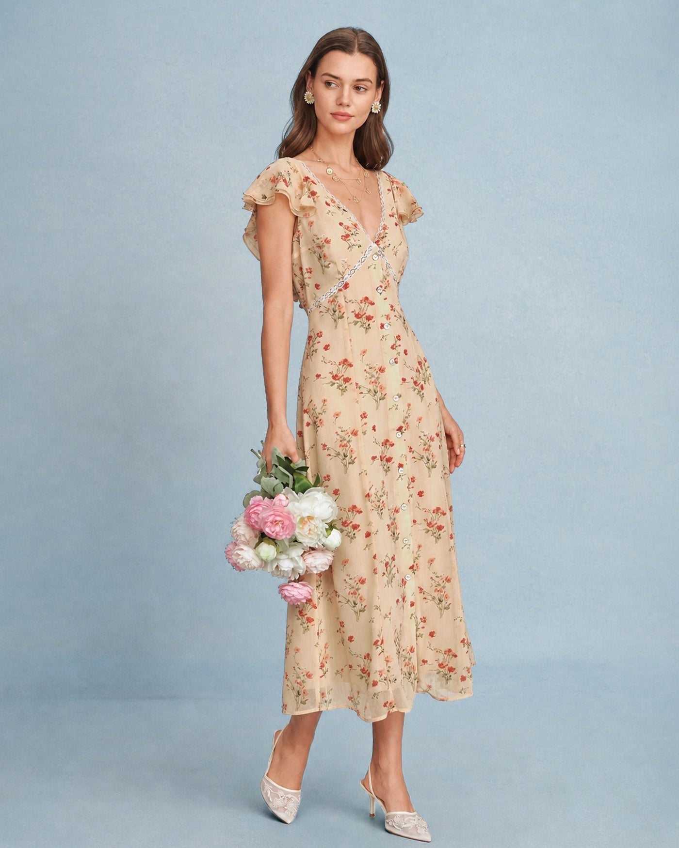 Floral Midi Dress with Yellow Butterfly Sleeves and Tie Detail
