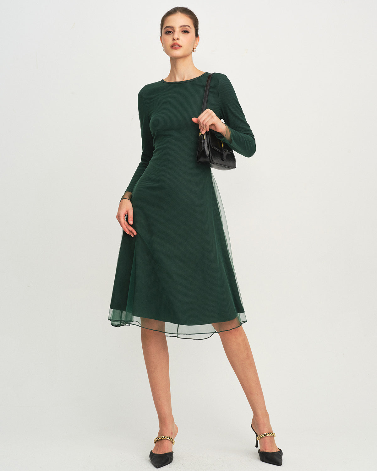 Green Knit Mesh Midi Dress with Round Neck