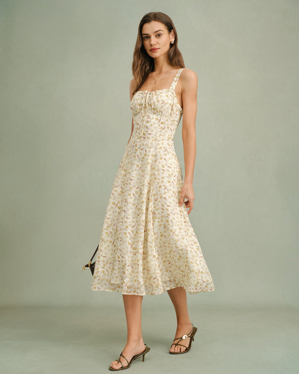 Apricot Floral Print Midi Dress with Zipper