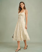 Apricot Floral Print Midi Dress with Zipper