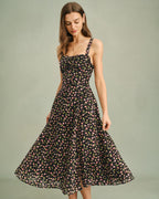 Floral Print Black Midi Dress with Zipper Detail