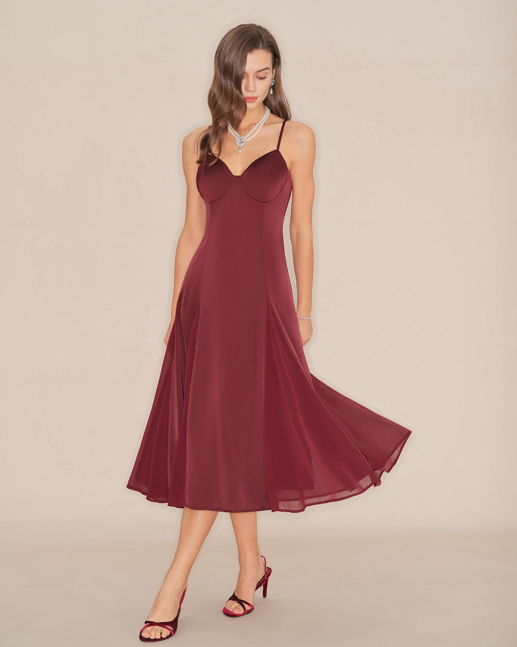 Wine Red A-Line Midi Dress with Slip Design