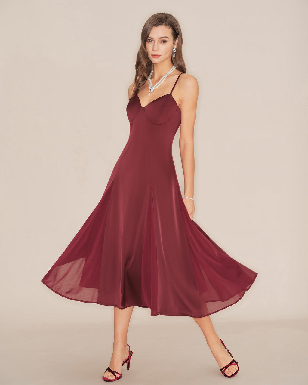 Wine Red A-Line Midi Dress with Slip Design